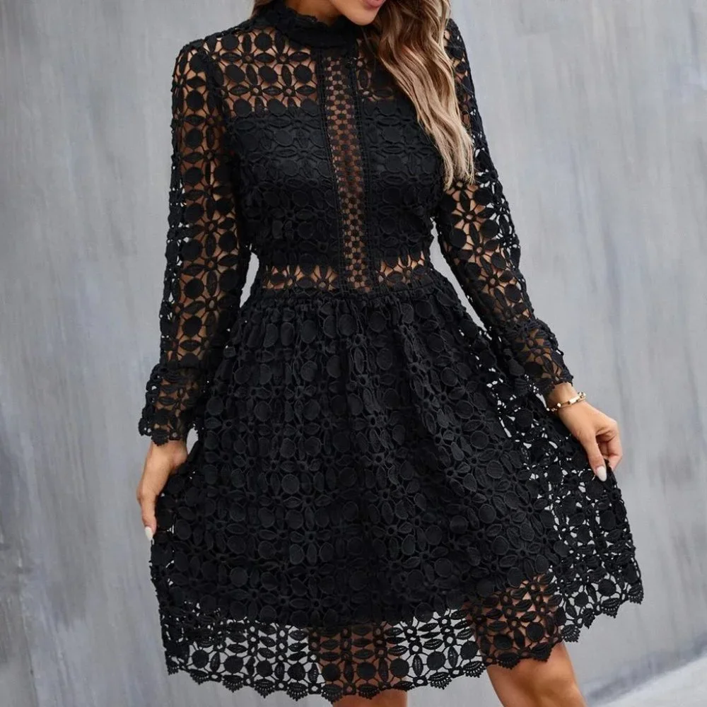 BOHO ELEGANCE Mock Neck Flounce Sleeve Lace Dress BLACK - Picture 3 of 6